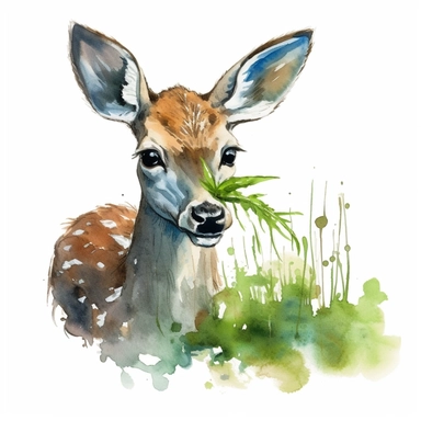 an adorable Deer eating grass in the style of watercolour clipart with detailed brush strokes