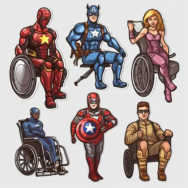 6 clipart elements, series of very hyperdetailed colorful stickers, cool people with disabilities, marvel style, superheros, each sticker with a clear white outline between each element, light grey background, realistic
