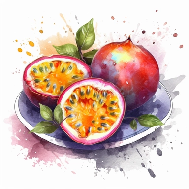 png clipart on a white background of a mesmerizing watercolor clear-lined illustration. The composition is central with a clear outline using bold and saturated complementary colors in the style of 2d anime, the illustration is realistic and detailed depicting a halved passion fruit on a plate