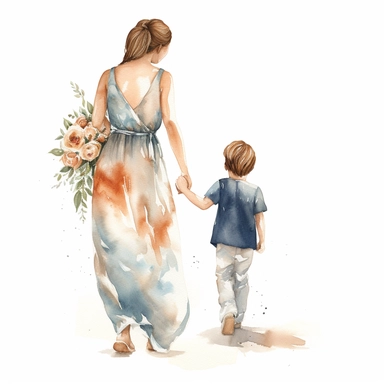 Mom and son wedding guests, from the back, clipart, watercolor, white background