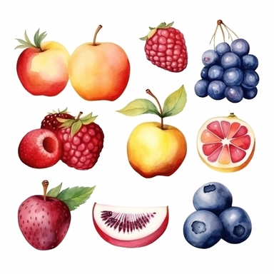 Fruits and berries watercolor hand drawn set isolated on white background. Hand drawn food clipart