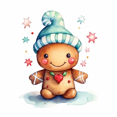 a cute watercolour gingerbread with an happy face and a christmas beanie on drawed in soft colours aquarell cartoon clip art