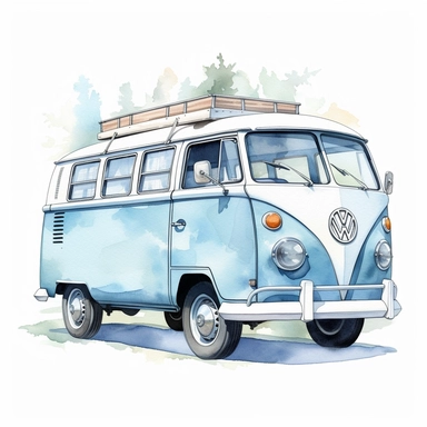 vw caravan car clipart, pastel baby blue color, watercolor design, hd