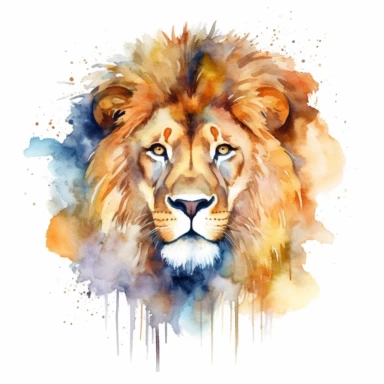 A lion's head or a full-body image, symbolizing strength, courage, and leadership, watercolor art, clipart