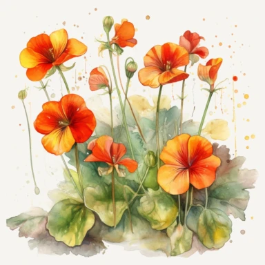 watercolor illustration of Nasturtiums flowers, watercolor clipart, watercolor splashes, spring boho vibes, 4k uhd, realistic floral portrait, white background