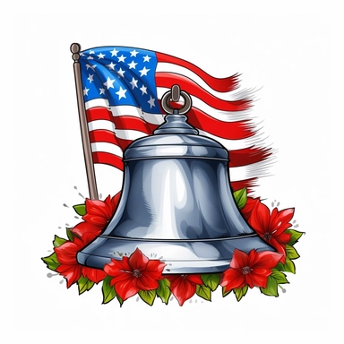 4th of July Patriotic Clip art of patriotic liberty bell, png realistic cartoon in 32K UHD cute, 15 cm thick outline. Black color, 8k with realistic watercolors and detailed illustrations. PNG clipart, transparent white background