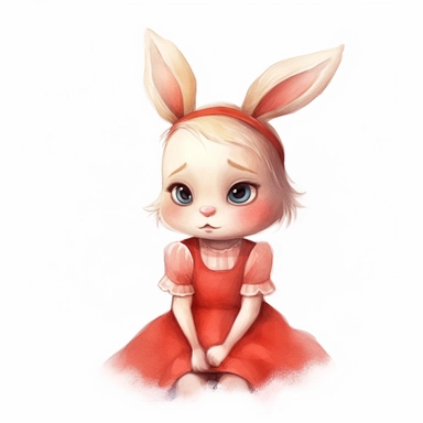 Cute child white rabbit sitting, with a confused expression, with hazel eyes, wearing a red dress, no hair, for children`s book illustration style, Watercolor Clipart, strybk, full Illustration, 4k, sharp focus, watercolor, smooth soft skin, symmetrical, soft lighting, detailed face, concept art, muted colors, watercolor style, strybk, children's style fairy tales, chibi kawaii, . Octane rendering, 3d. Perfect face, detailed face, delicate face, perfect sharp lips, detailed eyes, watercolor styl