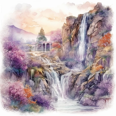 isolated on white illustration watercolor art of a elegant part of waterfall, the landscape from the garden with lavender and a road going into the mountains, a lot of lavender, masterpiece by Hans Zatzka style and by Josephine Wall style and by Alexander Jansson style and by Ivan Fedorovich Choultse style, Art Nouveau Architecture, PNG clipart, isolated on white, extreme photorealistic details, 32k HD resolution, realistic high detailization high resolution