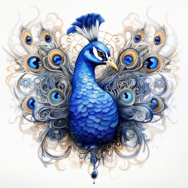 Watercolor intricate steampunk illustration of peacock with blue sapphire, clipart on white background, HQ, HD