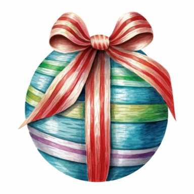A Christmas ball and Bow, full color, knitted painting texture, Perfect for nursery art and children's book illustration style, simple, cute, full color, clipart, watercolor illustration, single object, high definition 8k, white background for removing background