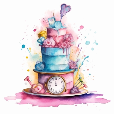 whimsical watercolour alice in wonderland birthday cake clip art