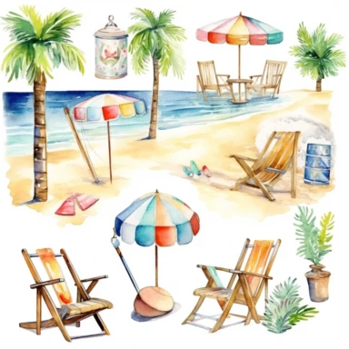 summer beach clipart, white bsckground, watercolor,
