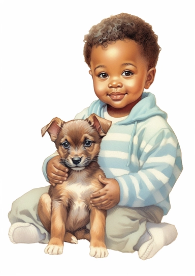 a cute retro vintage African infant baby boy with a puppy. Color pencil sketch, soft baby colors, on a white background for clipart.