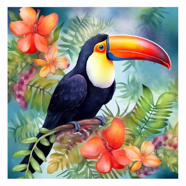 A toucan sitting proudly on a branch in the forest, looking off into the camera, with a few tropical plants and leaves framing the scene, vivid colors, watercolor by Liu Yi, clipart, solid background, 8k