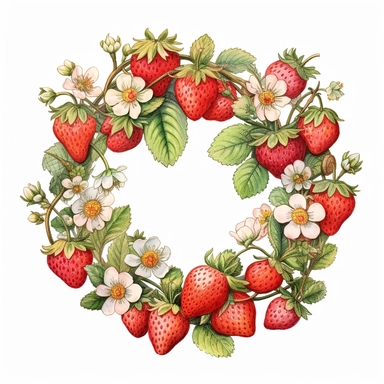 vintage style watercolor strawberry wreath clipart, strawberry wreath with flowers, strawberries, vibrant colors, 1960, vintage, watercolor, realistic drawing in storybook illustration, pencil drawing by Angela Barrett, Elsa Beskow, ultrafine detailed, highly detailed, high resolution, 8K, white background