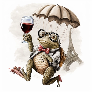 studious toad with glasses and red wine in his hand while parachuting from the Eifel tower, vintage, funny, white background, clipart, no shadows, caricature