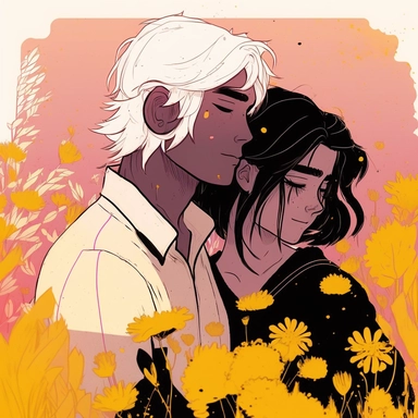 Dreamlike hyper realistic illustration of a couple in love embracing. The man has black hair. The girl is has white hair. In a field of pink and yellow flowers. Flat colors, simple lines, gorgeous lighting, graphic novel style, 2d painting, ink painting style, digital art, childrens character design, happy mood, pixar style cartoon, line work, minimalist, watercolor, 8k, PNG, clipart on white background, sticker style, studio ghibli vibe, studio ghibli style,