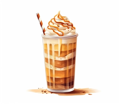 Experience the artistry of a 3D watercolor clipart featuring a coffee milkshake against a clean white background. The artwork is meticulously crafted to mimic the fluidity and vibrancy of watercolors, creating a visually striking and appetizing representation of the milkshake. The warm brown tones evoke the rich and aromatic nature of coffee, while the creamy texture adds a sense of indulgence. The white background enhances the contrast and focal point of the clipart, allowing the milkshake to t