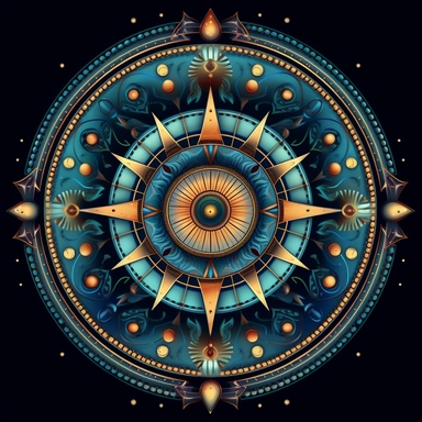 a cosmic compass mandala, clip art, isolated on navy blue