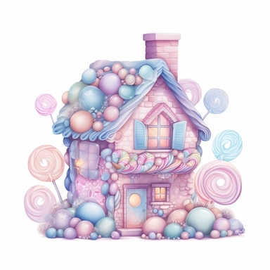 a little house made of delicious candy, bright pastel colours, baby pinks, light blues, light purples, clipart, white background
