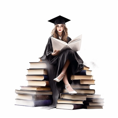 beautiful graduation girl sitting on the huge pile of books clipart, wears black cap and black cloak, woman empower, clear distinct with the white background, no comment, 8k