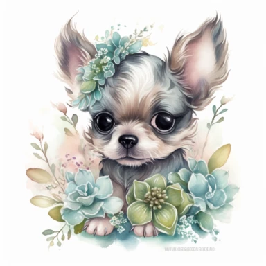 super cute newborn baby yorkie clipart with huge cute baby blue eyes extremely happy excited smiling mouth painted in watercolor style, splashes, muted pastel blush pink and muted pastel sage green and muted pastel sage blue eucalyptus and peony flowers, white background jasmine becket griffith style hyper-realistic photorealistic hd