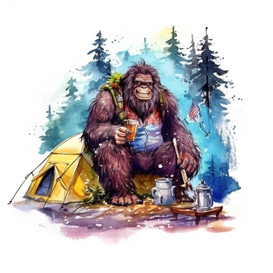 watercolor illustration of Bigfoot camping outdoors, colorful, for t-shirt, clip art, graphic