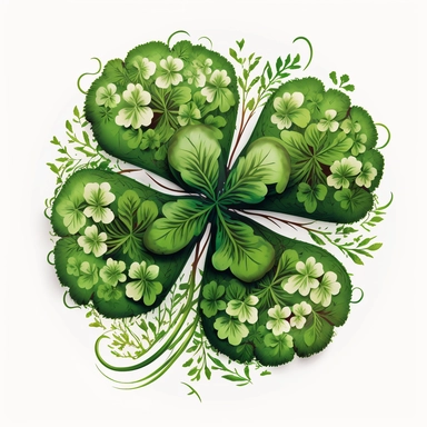 four leaf clover, surrounded by grass, tempera clipart illustration, intricate details, bold, vivid images, clean, crisp, smooth, with white background