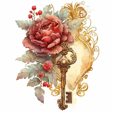 golden key with peonies, red crystal, elven filigree, watercolor clipart, white background, high detail