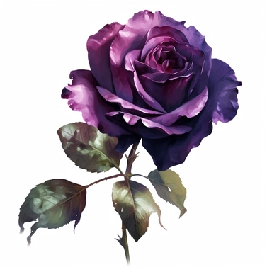 a watercolor of a realistic dark purple rose with branch, vibrant colors, Victorian Style, vector free clipart illustration, in the style of unreal engine 5, 32k uhd, detailed features, white background
