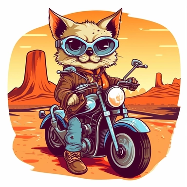 Create a clipart of a grim cat with glasses in a leather jacket and riding a vintage motorcycle. Strong and vibrant colors. In the style of Uderzo. Desert landscape before a White Background, soft lighting.