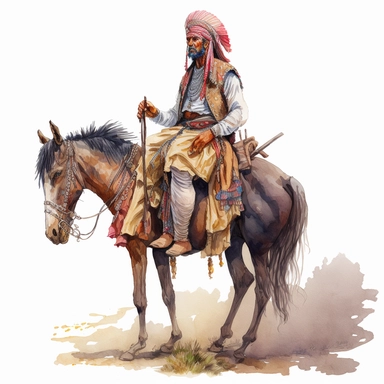 watercolour and pencil full body drawing of a indians on his horse, working hard, tough face, dynamic pose, beautiful watercolor ink wash coloring, thick pencil lines, watercolor illustrations clipart, watercolor illlustrations, plain white background