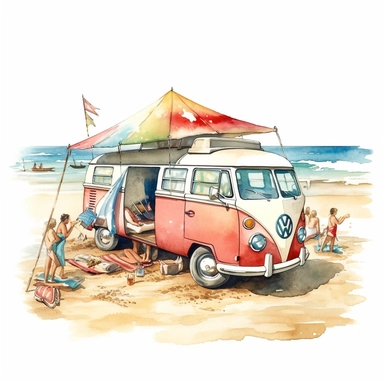 A beach party with surfboards, beach blankets, and people enjoying the sun and waves in their vintage swimsuits, VW T2 camper, american style, watercolor, clipart