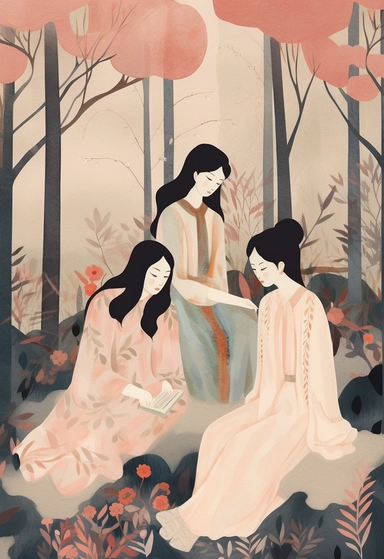 colorful clipart image of illustrations including girls in dresses seated, in the style of soft, muted color palette, ethereal foliage, dark white and pink, folkloric themes, high quality photo, mural painting, moyoco anno