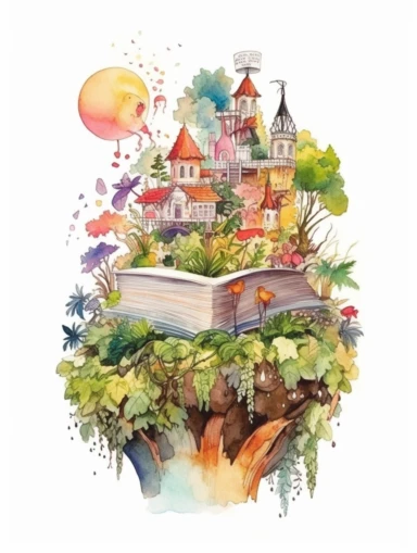 Watercolor clipart with white background, open book, magical fantasy kingdom, secret garden, flat design, clearly defined, high quality clipart