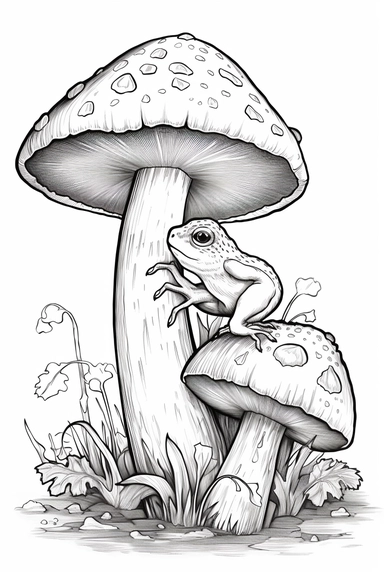 mushroom with a black cap and a short stem, with a frog perched on top , clipart style of coloring book for children, super simple, thick, clear, lines, black and white, white background