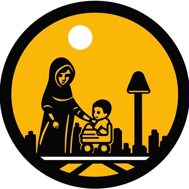baby on bord sign, with arab kid in clipart style on top of it, using only two colors yellow and black