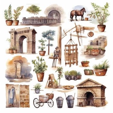 Watercolor roman forum with roman people trading, illustrations clipart set, simple, , cartoon elements, different variants , iron elements, marble elements, cloth elements, herbal elements, earthenware elements, separate elements with a margin