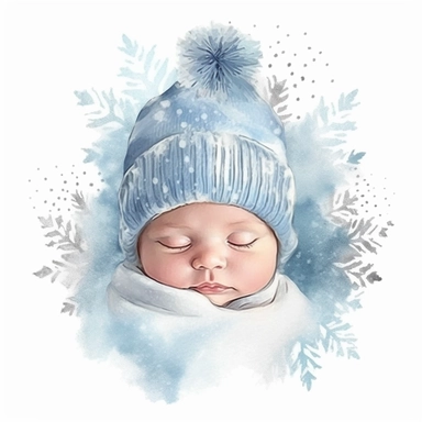 Clipart watercolor, newborn , cute boho, blue icy tones | Theme: Snowflakes, frozen leaves, on a white background with a margin, drawing with watercolors , thing related to newborn, minimalistic, adorable, shabby chic ,baby nursery - <@1105780376573575291> (fast)