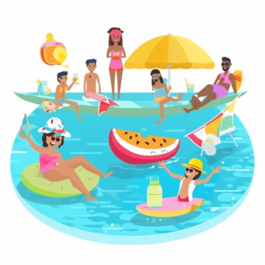 Design clipart featuring a pool party scene with a swimming pool, inflatable floats, diving board, and kids playing in the water. Add in some poolside snacks and drinks for a fun and refreshing summer vibe.Ultra hd