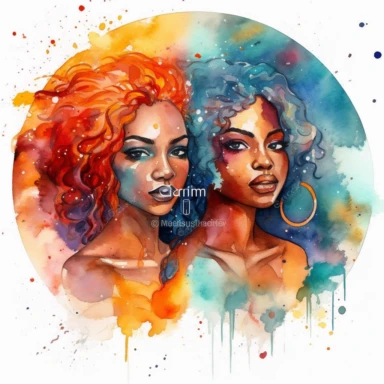 beautiful clipart watercolor of Gemini zodiac sign using nubian queen as image bright colors with white background no words or letters