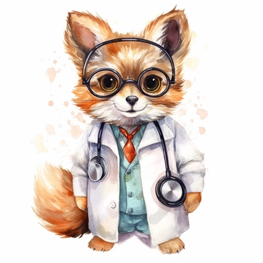 watercolor clipart, vey cute animal, wearing a stethoscope and a white coat, working as a veterinarian, watercolor style, realistic, bright colors, 300 dpi, 8k, white and clear background, high solution