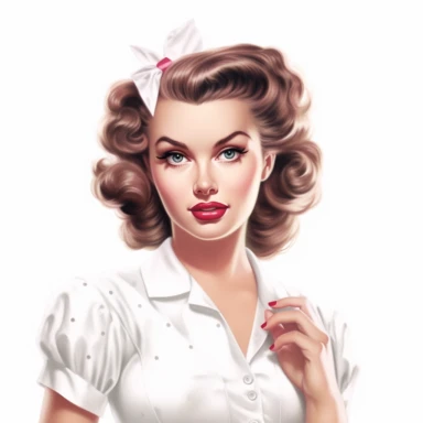 beautiful pretty pin up woman, makeup and hair vintage 50's style, dressed as maid,paint art style, detail, clipart, white background, superrealistic, one of a kind
