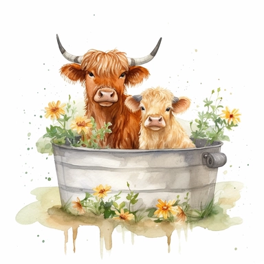watercolor clipart of an adorable highland brown cattle calf with a cute highland white cattle calf with black eyes sitting wet in a tub filled with water and flowers, happy, smiling, sunny and warm day, hand drawn style, white background