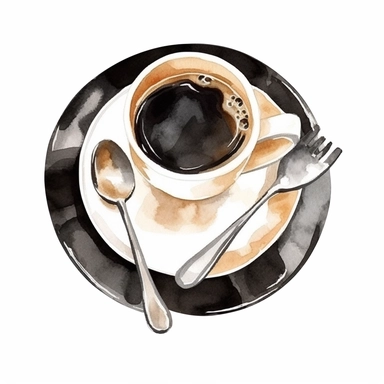 White porcelain black coffee and cappuchino cup on plate with spoon top view. Coffe mugs set. Coffe drink watercolor clipart illustration.