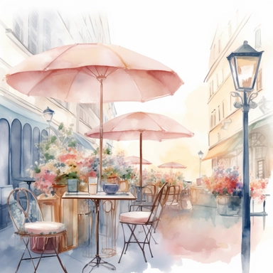 dreamy realistic watercolor cute city corner brunch spot, outdoor tables with umbrellas, during the summer at restaurant in the city with floral arrangement, during golden hour, bright and light pink, pale peach, fade to blue boho style, muted color palette, white background, isolated on white, 8k, high detailed