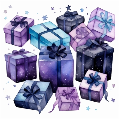 This watercolor Clipart of eleven gift boxes by Thomas W. Schallerof features a galactic design with shades of purple, blue, and black. The box is rectangular in shape and tied with a black ribbon and a small star charm.