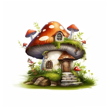 Clipart with white background of a Mushroom Fairy House as the centerpiece of a fairy garden. Add magical plants, fountains, and pathways leading to the house to create a captivating and inviting image