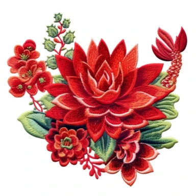clip art, embroidery succulent, vibrant red flowers, Mexican style, white background,