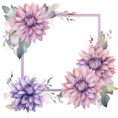 a floral frames made with Soft Purple and Pastel Purple Dahlia flowers, wet on dry watercolour style, antique look, clipart, white background